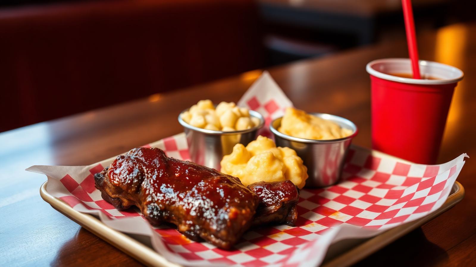 Kid's spare rib plate with mac and cheese and a red kids cup