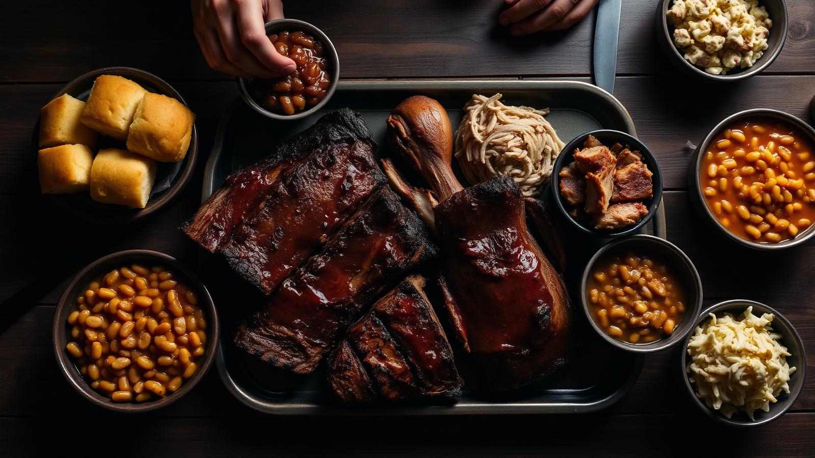 Family BBQ tray with ribs, chicken, pulled pork, beans and slaw