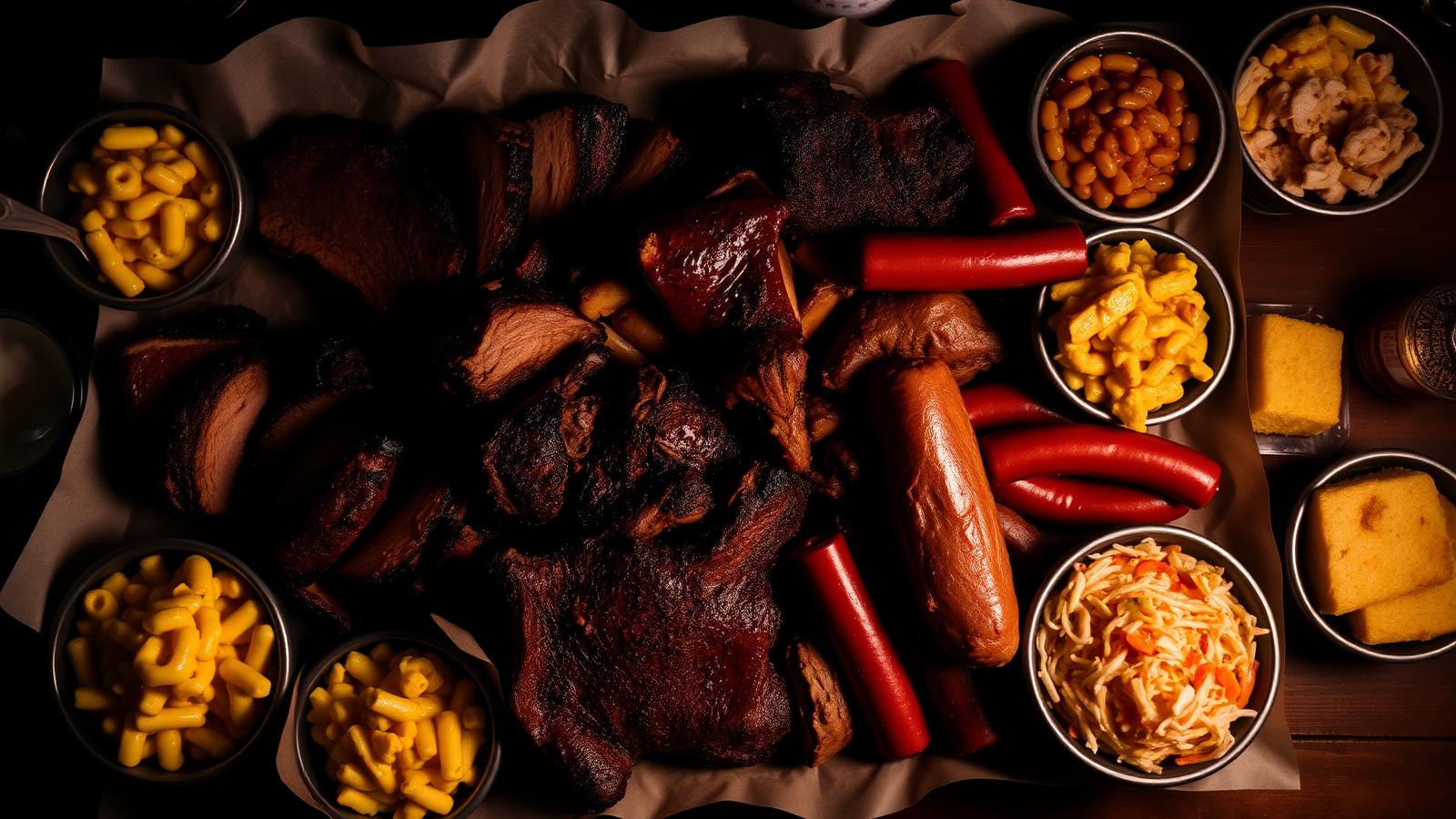 Large sampler platter with brisket, ribs, pulled pork, chicken and sausages
